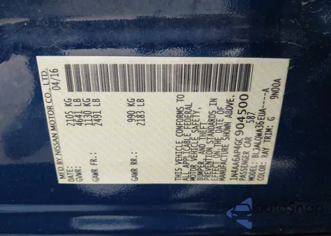 2016 Nissan Maxima 3.5 S z USA, uszkodzony, nr VIN 1N4AA6AP4GC904500